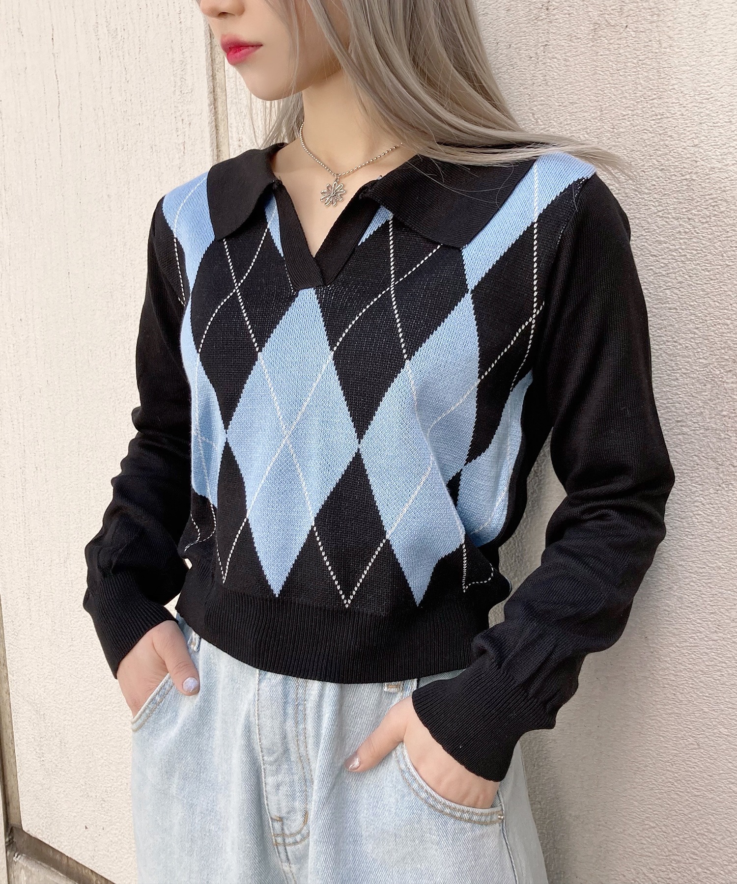 美品】エースアンドレア 襟付きセーター 黒×白 襟・袖ライン ニット 